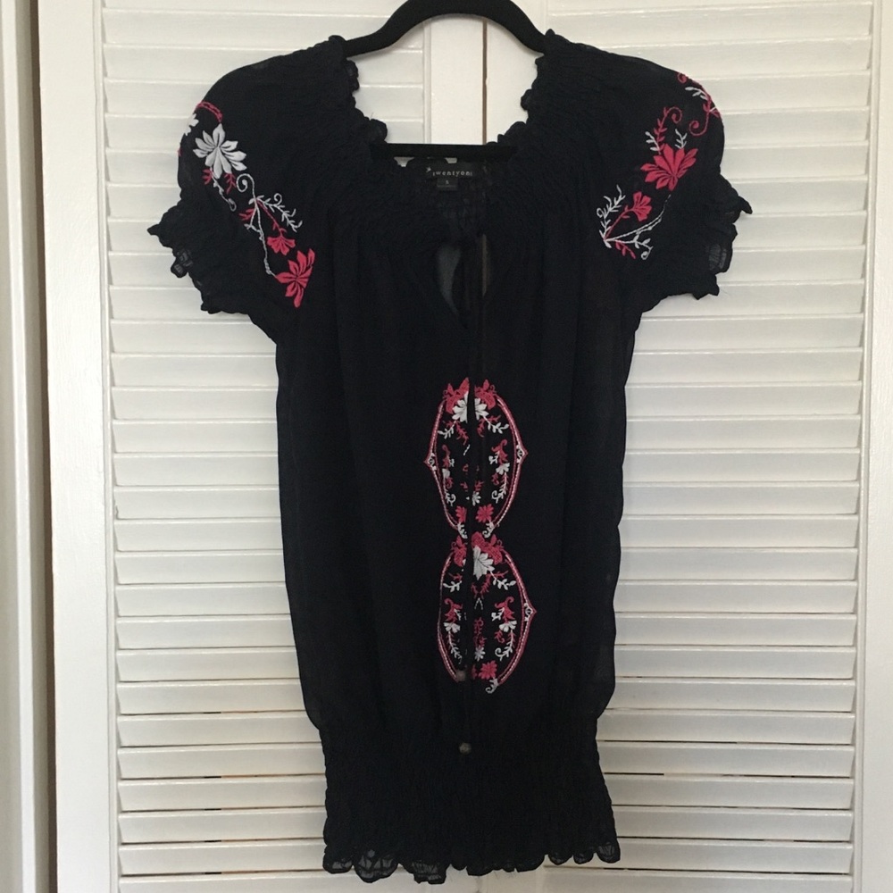 Sheer Navy Embroidered Top With Ruching